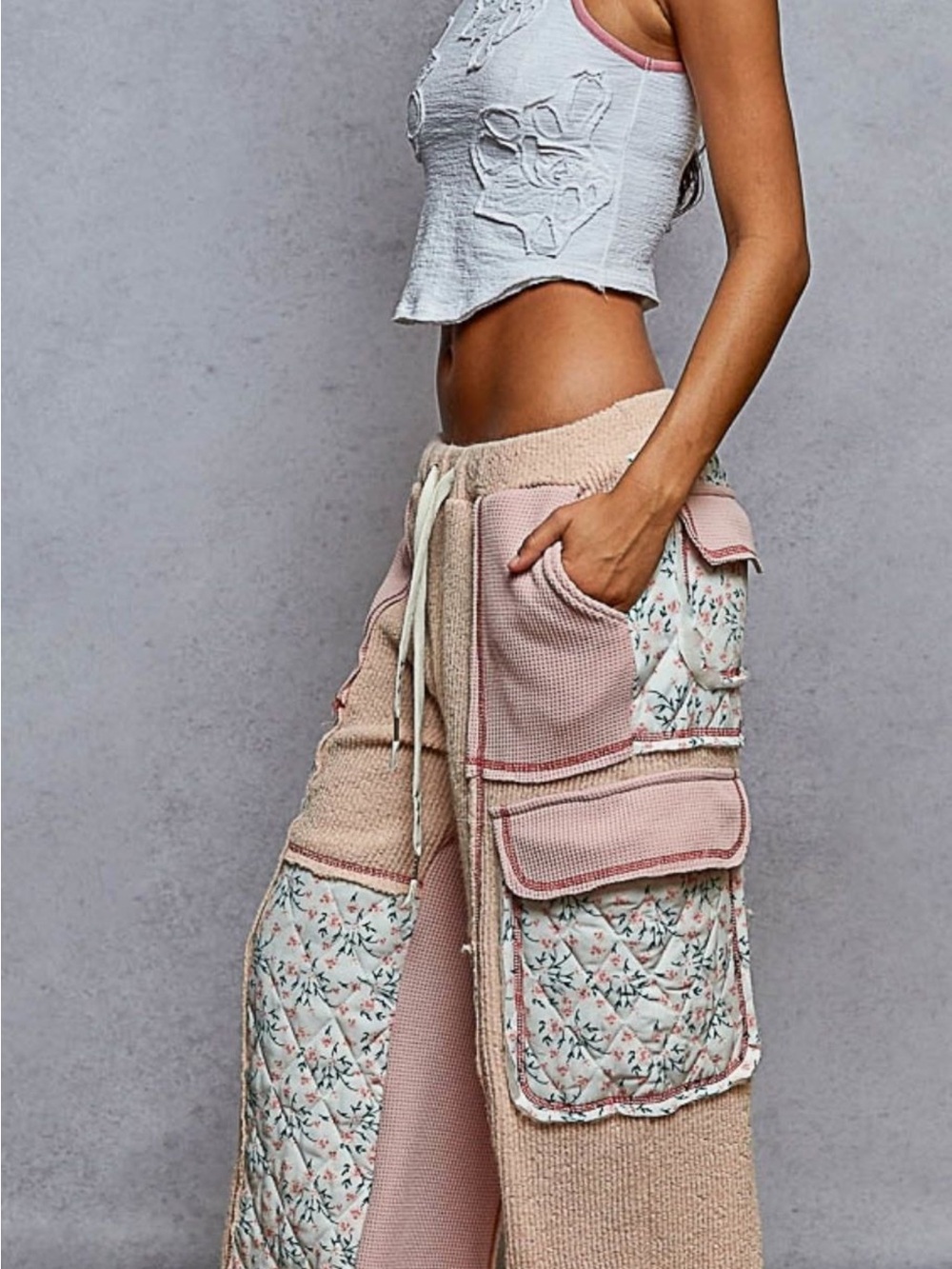 POL Pink & Cream Patchwork Cargo Pants